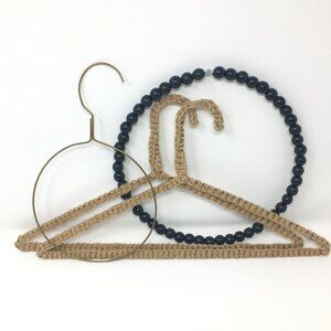 Lot of Four Crocheted Jute Metal Brass Black Wood Beaded Scarf Clothes Hangers